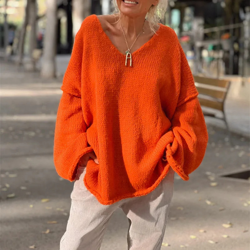 Womens Vneck loose knit sweater with floral casual streetwear solid color elegant long sleeved warm 240826