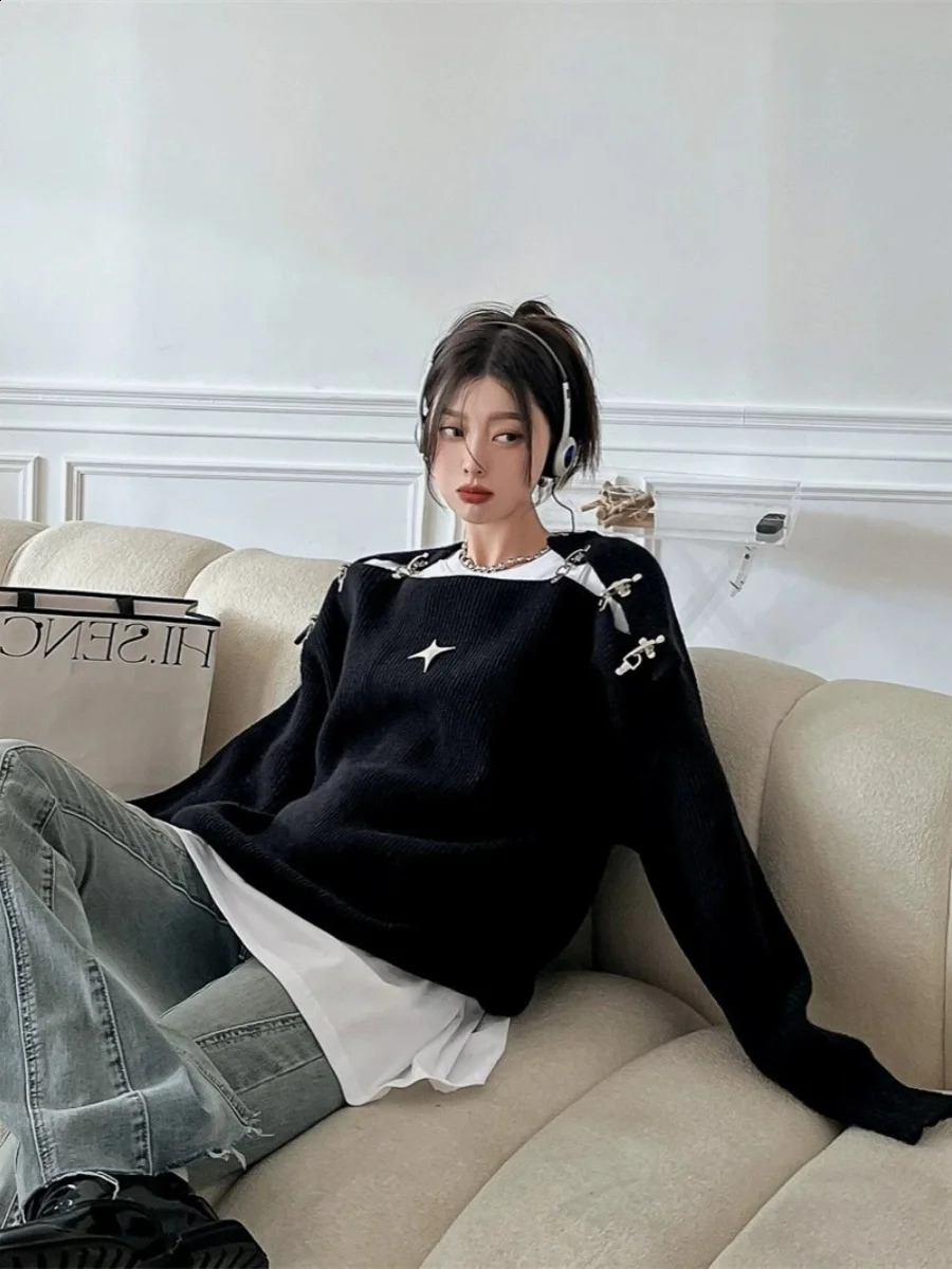 Womens white floral sweater Harajuku Korean 90s aesthetics Y2k long sleeved oversized skydiving knit retro 2000s clothing 240826