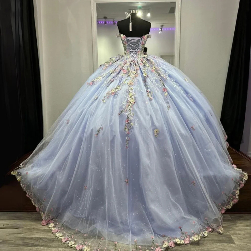 Lilac Princess Off The Shoulder Ball Gown Quinceanera 2024 With Appliques Tull Birthday Prom Dress For Girl Lace Up Back