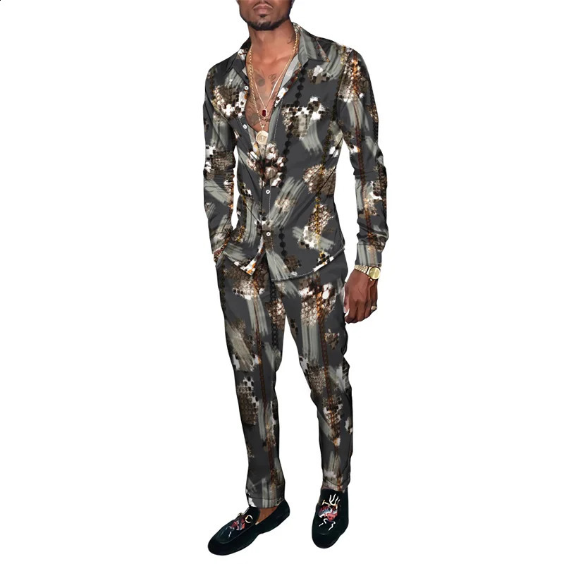Spring and autumn animal snake skin 3D printed mens clothing set Tracksuit long sleeved shirt long pants two-piece clothing set 240827