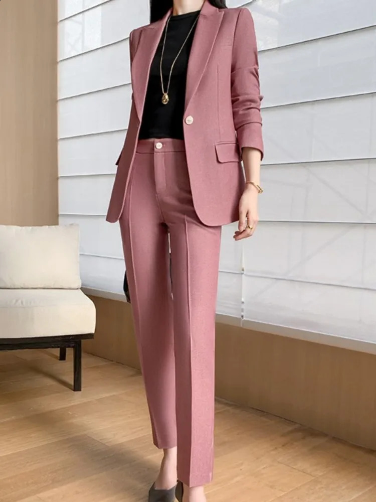 Fashion Women Vintage Formal Solid Pantsuit Elegant Chic Blazer Coat Straight Pants Outfits Female Interview Two Pieces Set 240826