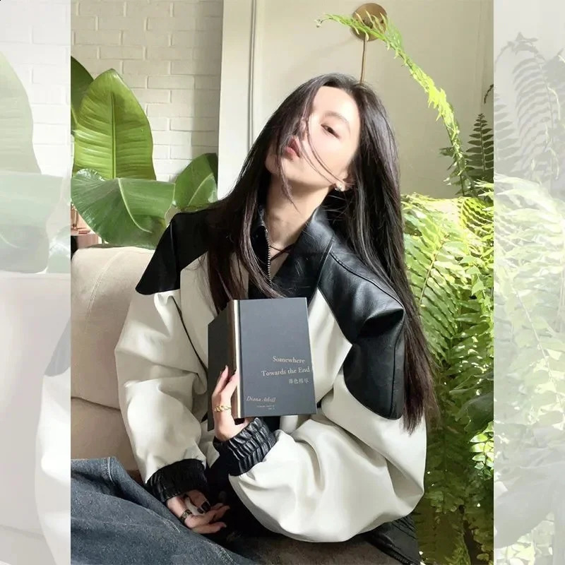 American Fashion Retro Slim Loose Commuting Simple Leather Motorcycle Coat Womens Spring and Autumn Premium Baseball uniform Ja 240827