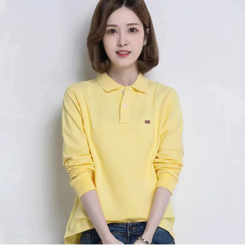 High quality spring and summer womens polo shirt long sleeved casual cotton womens T-shirt fashionable slim fit womens top 240827