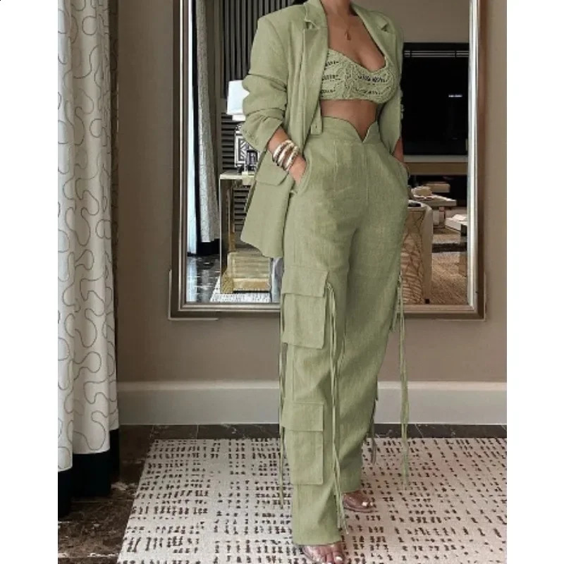 Women 2pcs Clothes Set Long Sleeve Blazer Jacket High Waist Pockets Long Pants Solid Color Office Lady 240826