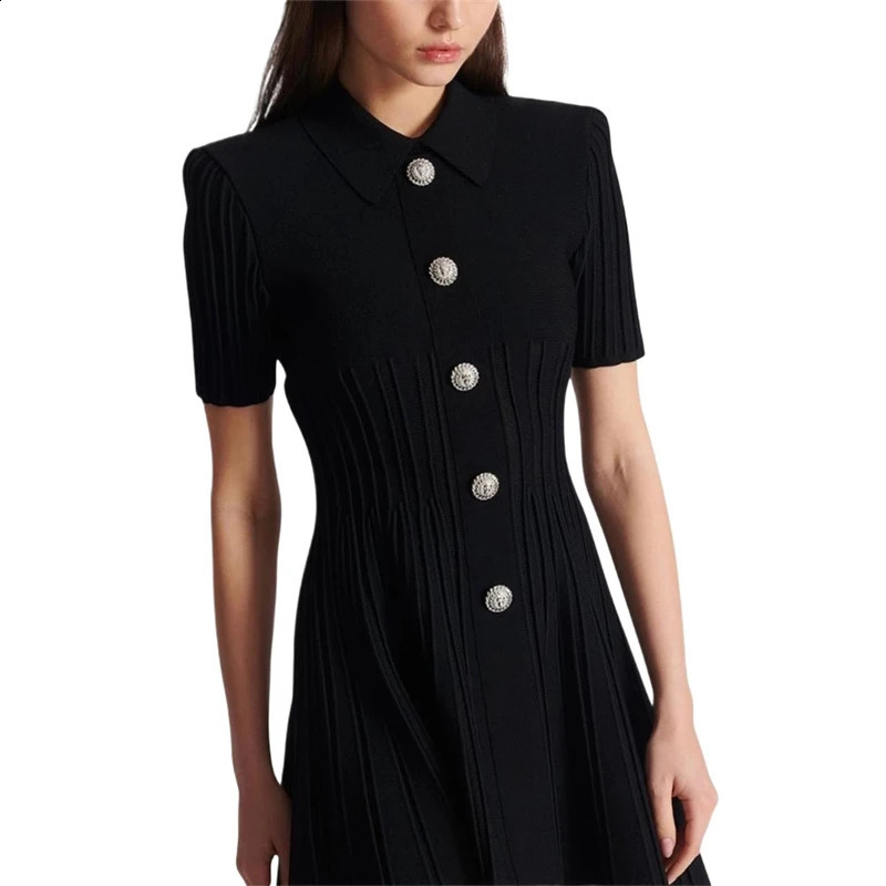 Summer Womens Collar Beaded Button Short Sleeve jumpsuit Y2K High Quality Fashion Retro Aline Knitted Bandage Skirt 240826