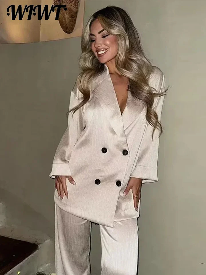 Casual Wrinkled Blazer Coat Pants Set Women Solid Loose Long Sleeve Double Breasted Top Wide Leg Trousers Lady Elegant Suit 240826