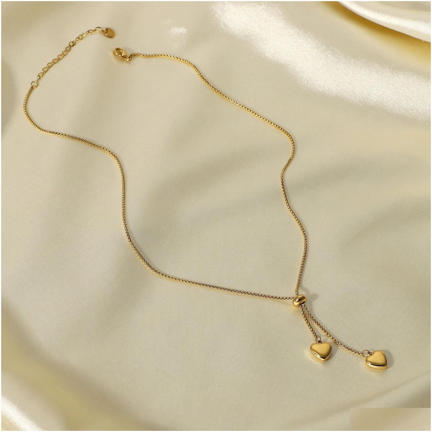 Designer Titanium Steel Pendant Necklace: Gold Plated Y-Shaped Rope Chain, Double Love Drop, Perfect for Women 4