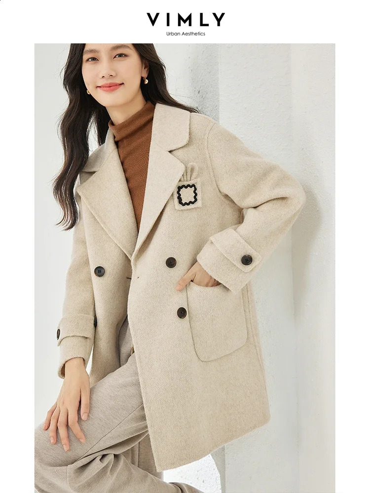 Vimly wool blend jacket for women straight double chest thick warm winter long coat 50709 240826