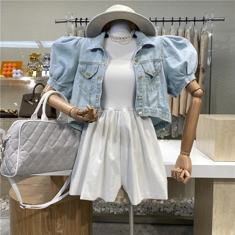 Womens summer short sleeved denim jacket Puff sleeve top 240826