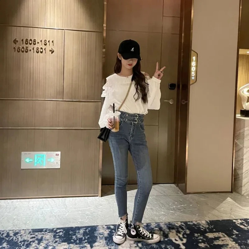 White Off Shoulder Loose Shirt for Women Spring Summer Long Sleeve Solid Hollow Out Korean Blouse Fashion Casual Clothing 240827