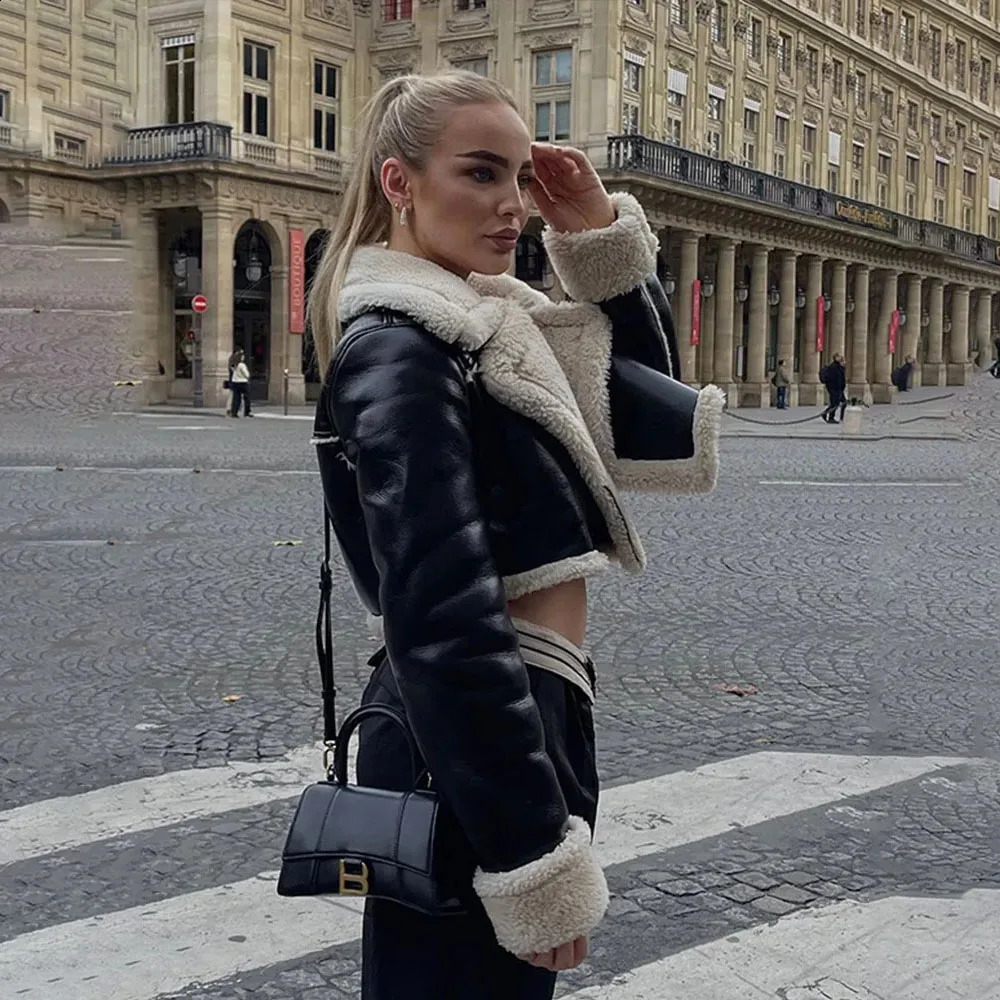 Autumn and winter European and American double-sided loose fitting zipper crop jacket womens leather one-piece jacket 240827