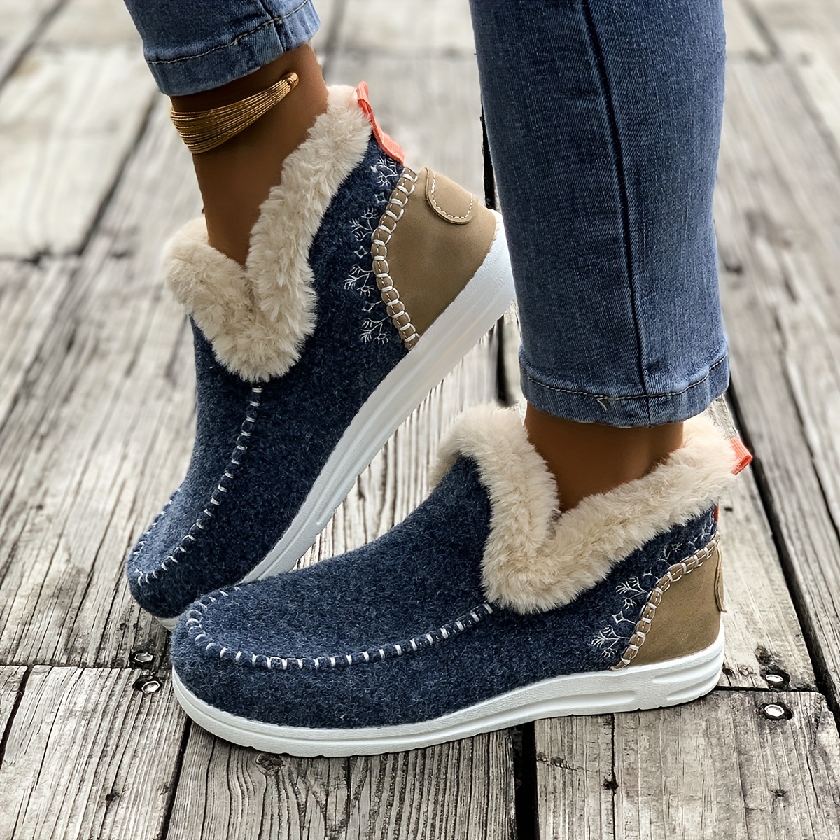 Women's Cozy Flannel Ankle Booties with Faux Fur Trim - Solid Color Slip-on Plain Toe Flat Heel Boots with Fabric Insole and TPR Sole - North Ame