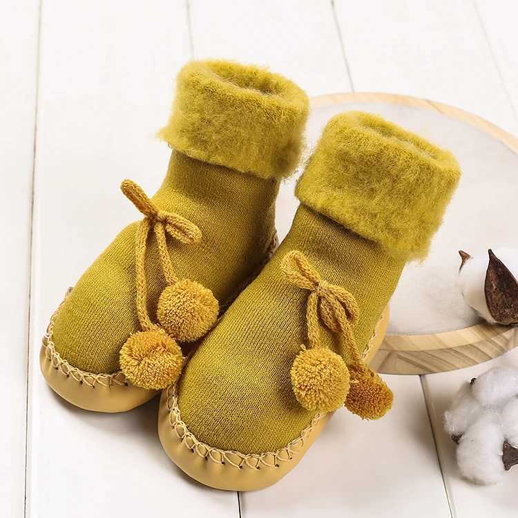 Winter Thick Warm 0-24 Months Cute Double Puff Baby First Step Walker PU Leather Home Socks Shoes Children Soft Sole M240827