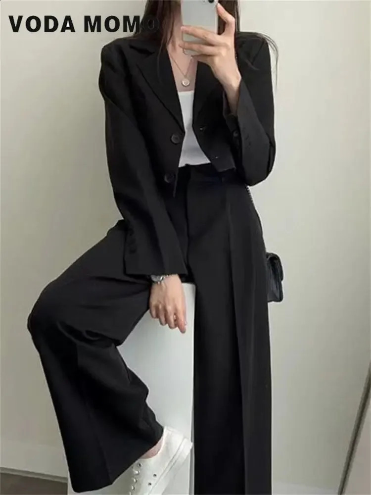 Spring Korean Casual Elegant Suits Blazer Jacket Wide Leg Trousers High Waist Pants Suits Female 2 Piece Sets Crop Top Coats 240826