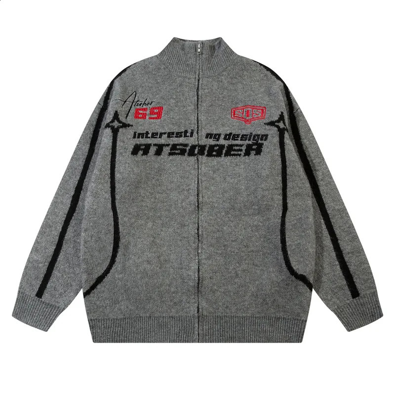 Mens retro zipper knitted cardigan streetwear comparison letter jacquard collar couple sweater top casual Harajuku 240826