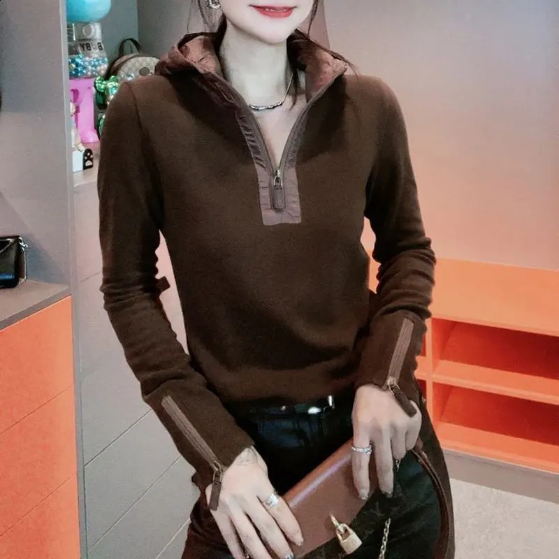 Commute Hooded Fashion Zipper Pulleys Womens Ultra Thin Solid Color Spring and Autumn Long Sleeve Fully Matched Splicing Sweatshirt 240827