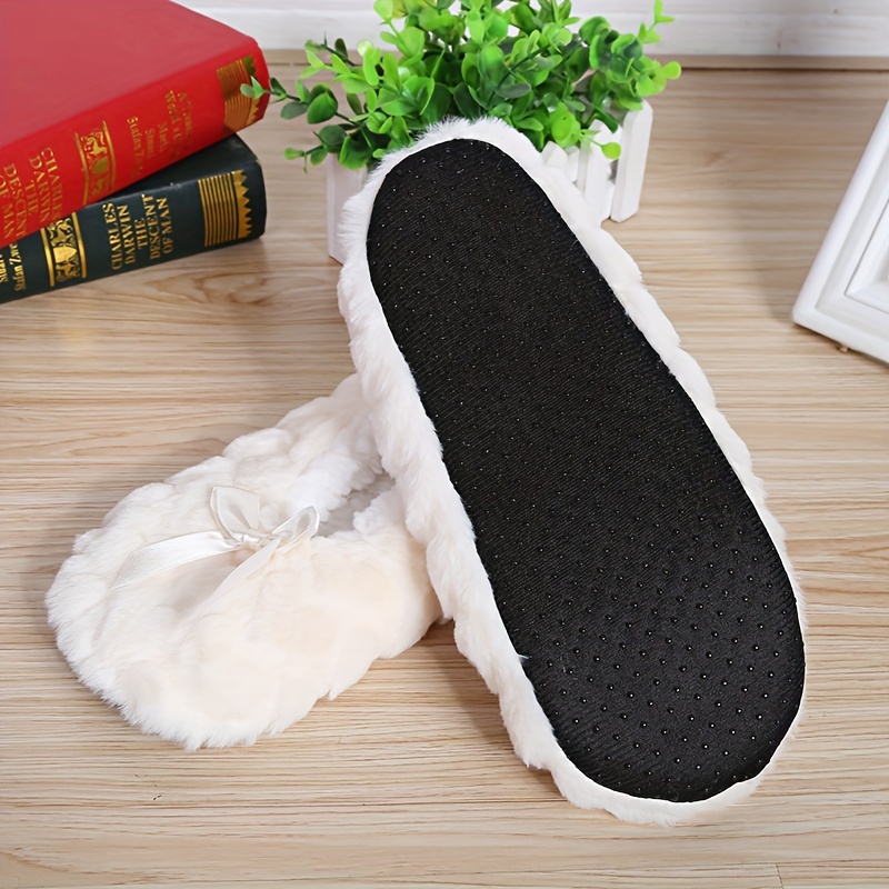 Cute Bowknot Plush House Slippers boots, Solid Color Slip On Fuzzy Flat Shoes, Winter Warm Home Floor Slippers booties