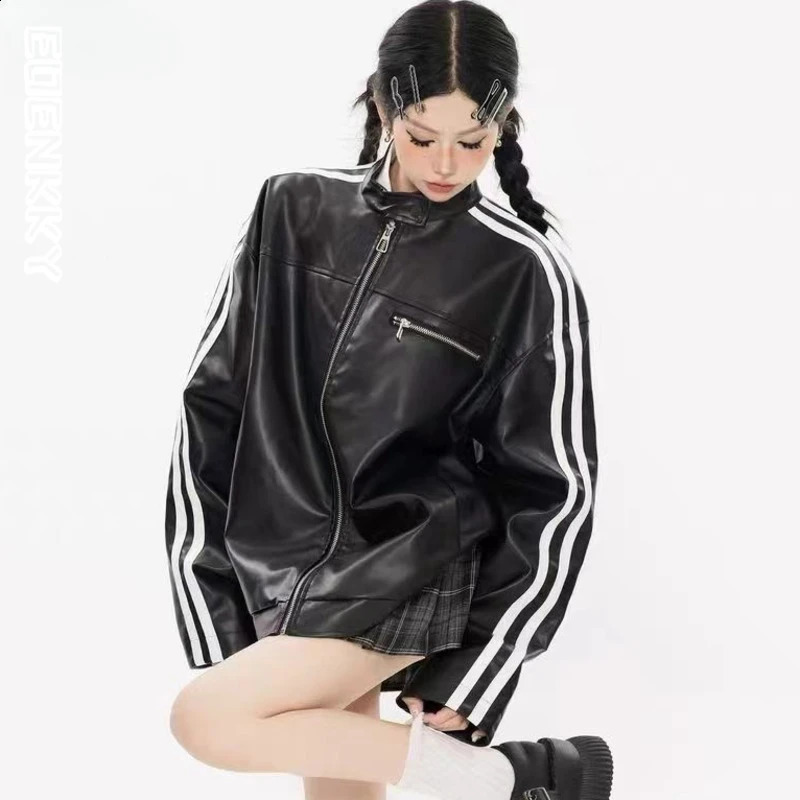 Black leather jacket striped womens bomber college racing car oversized jacket stylish zipper vintage American standing collar Pu jacket 240827