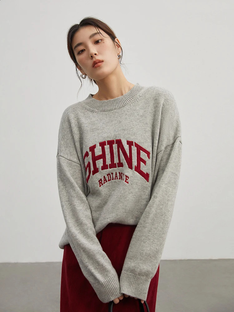 DUSHU Womens American Letter Printing Round Neck Retro Sweater Winter Black Grey 240826