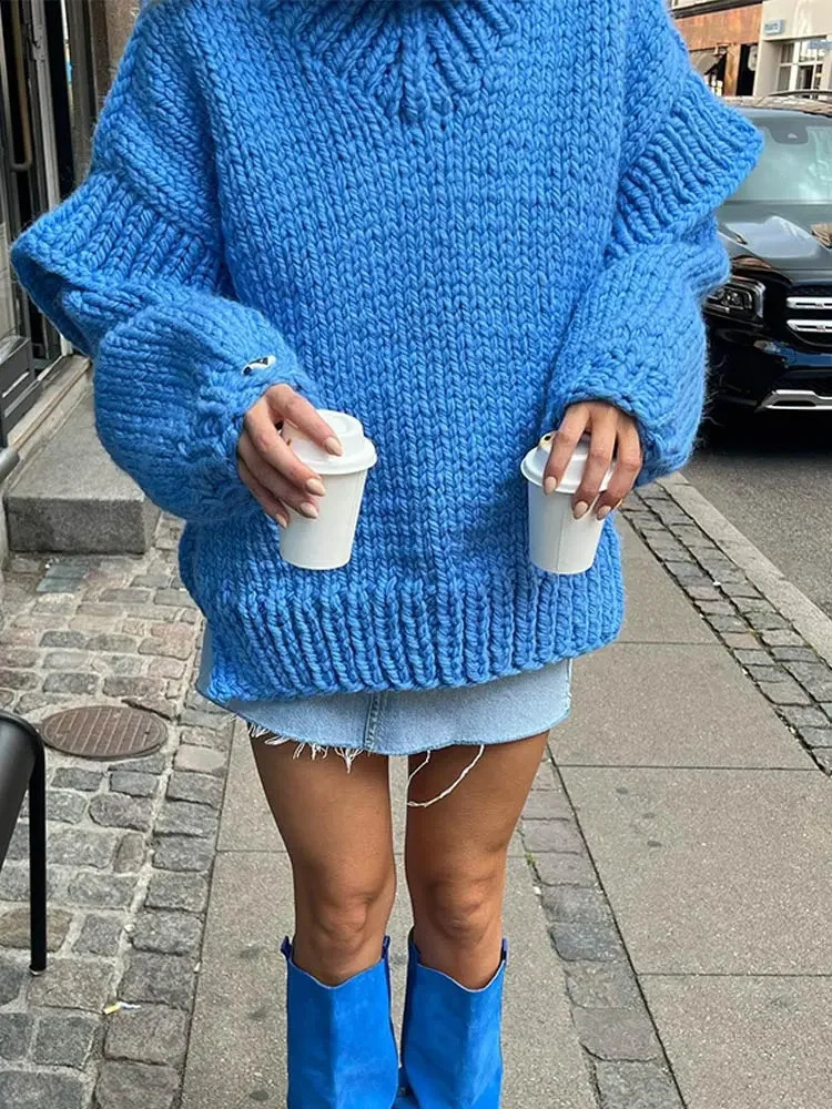 Solid Knitted Turtlrneck Double Light Cover Womens Pulling Flower Thick Ultra fine Loose Top Sweater AutumnWinter Fashion 240826