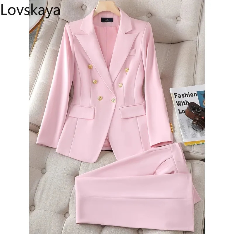 Button Decoration Formal Jacket Blazer and Trouser 2 Piece Set Fashion Pink Green Black Ladies Work Wear Pant Suit Women 240826