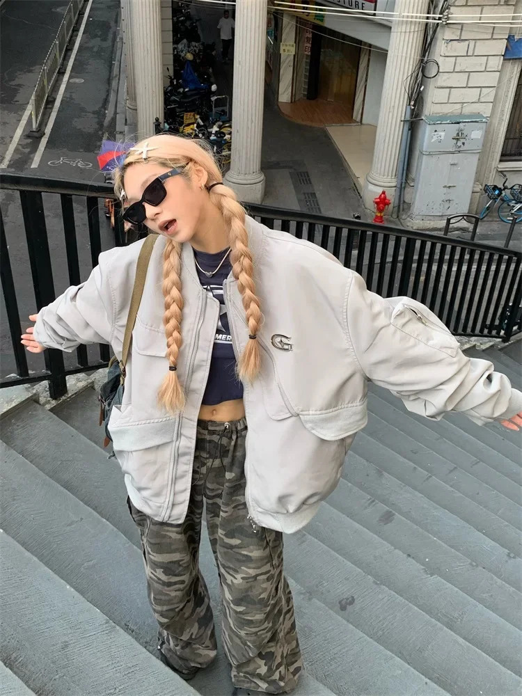QWEEK Cyber Y2K Grey Bomber Jacket Womens Retro Street Clothing Oversized Harajuku Egirl 90s Black 240826
