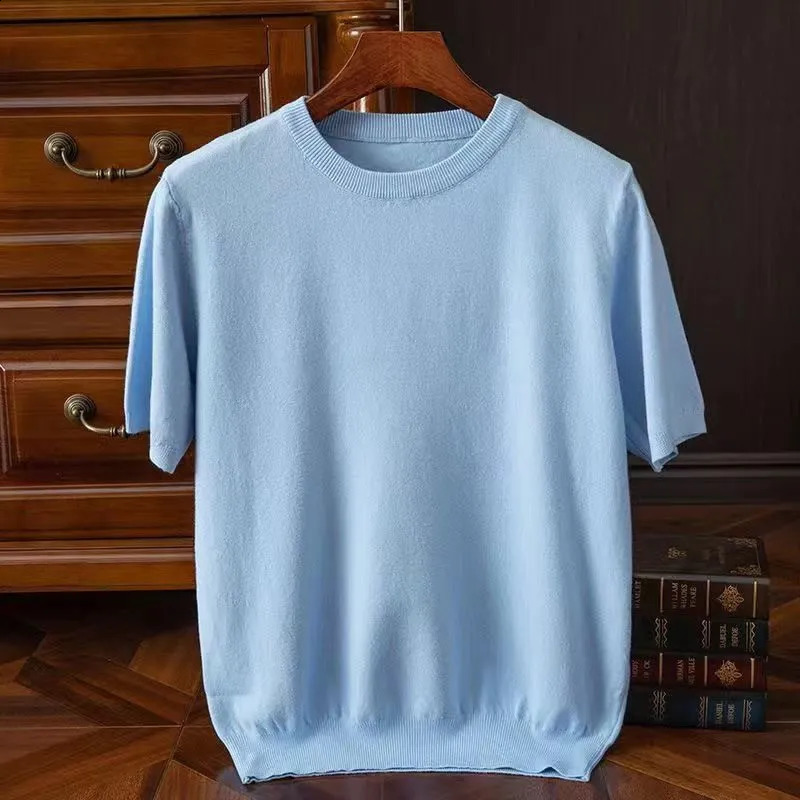 Cashmere Knitted Short sleeved Tshirt for Mens Summer Basic Oneck Fashion Color Top Loose Wool Sweater 240827