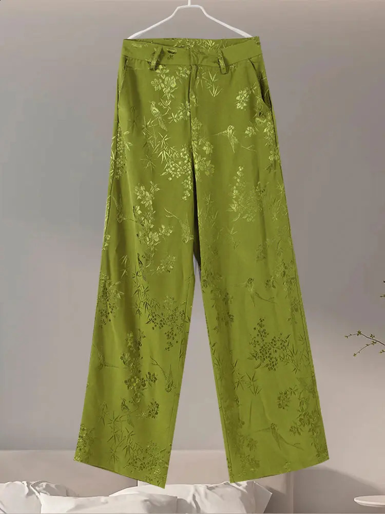 Elegant Green Jacquard BLazer Pants Set Women Casual Bow Lace Up Long Sleeve Lapel Jacket Straight Pants Lady Sets Autumn 240826