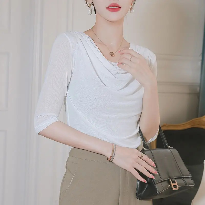 Womens short sleeved Tshirt pleated slim fit top monochrome mesh simple casual summer wear temperature 240827