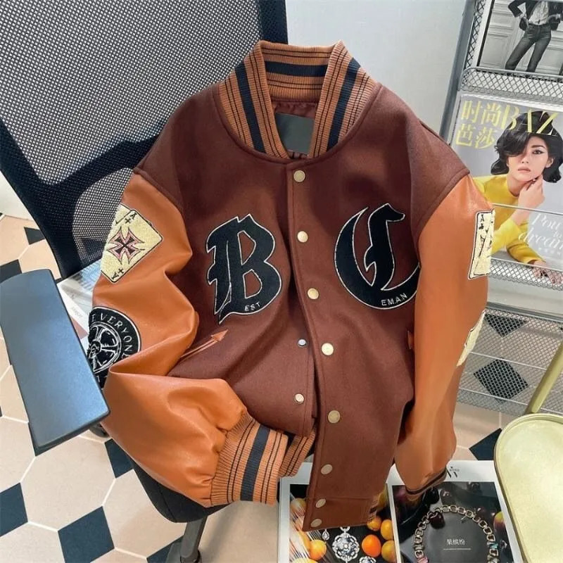 American Retro Letter Flocking Splicing Jacket Female Y2K High Street Fashion Hip-hop Loose Tooling Baseball Uniform Jacket 240827