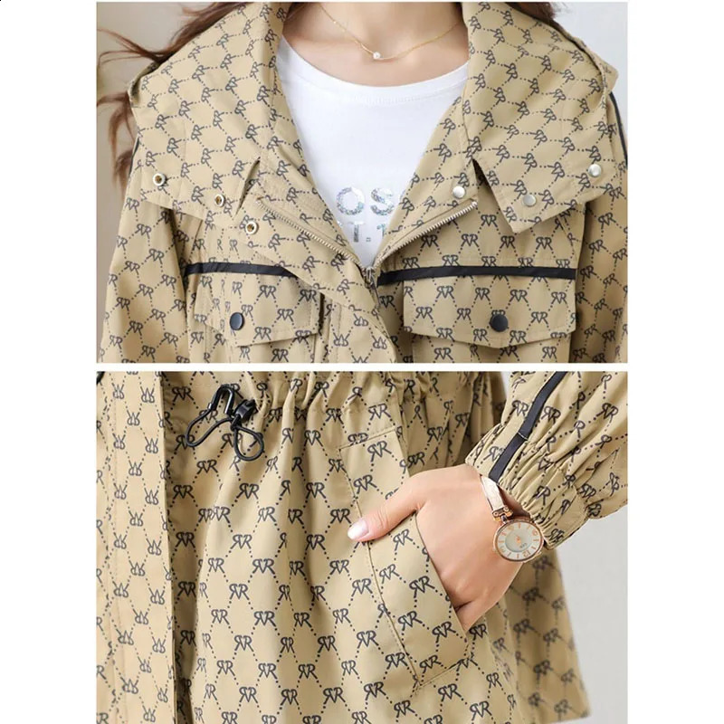 Spring and Autumn Korean High end Leisure Hooded Windproof Womens Loose Warm Printed Trench Coat 240826