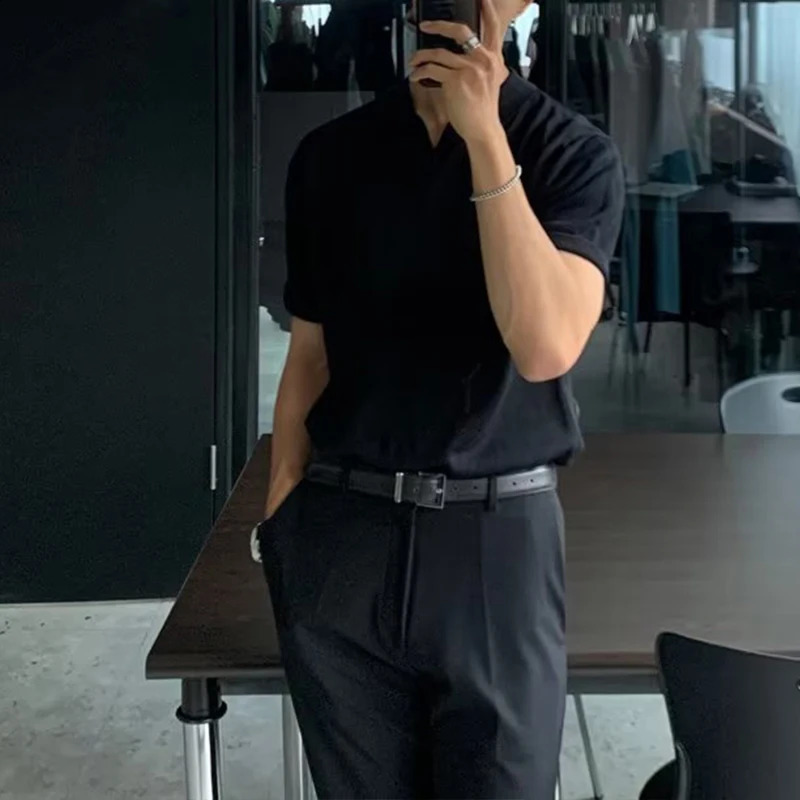 Korean Style Summer Retro Simple Knitted Polo Shirt Men Trendy Solid Color Lapel Loose Short Sleeved T Shirt 240820