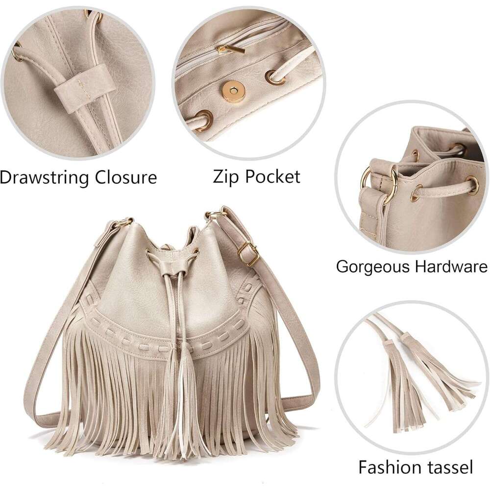 Leather Bucket Bag for Women: Crossbody Fringe Purse hot with Drawstring, Tassel Hobo & Shoulder Handbag