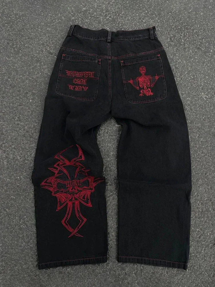 HOUZHOU Y2K Mens Hip Hop Retro Skeleton Embroidery Bag Washing Pants Skeleton Casual Loose Wide Leg Mens Street Clothing 240827 ww