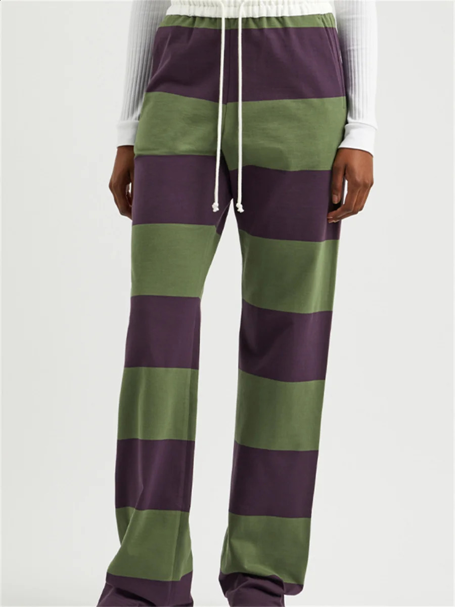 Vinatge Green And Purple Striped Lounge Pants Y2k Aesthetic Print Pajama Pants Drawstring High Waist Long Trousers Cozy Bottoms 240827