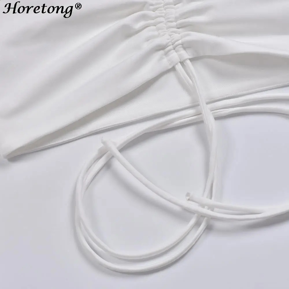 Horetong Womens Sexy V-neck Off-Shoulder Blouses Summer Drawstring Bandage Long Sleeve Tops Ladies Korean Fashion Short Clothes 240827
