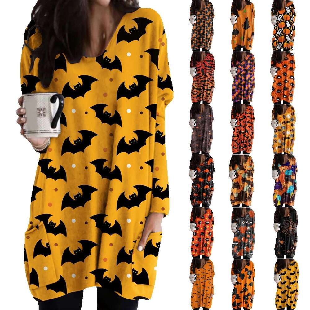 2024 Autumn/Winter New Halloween Cat Pumpkin Long Sleeved Dress
