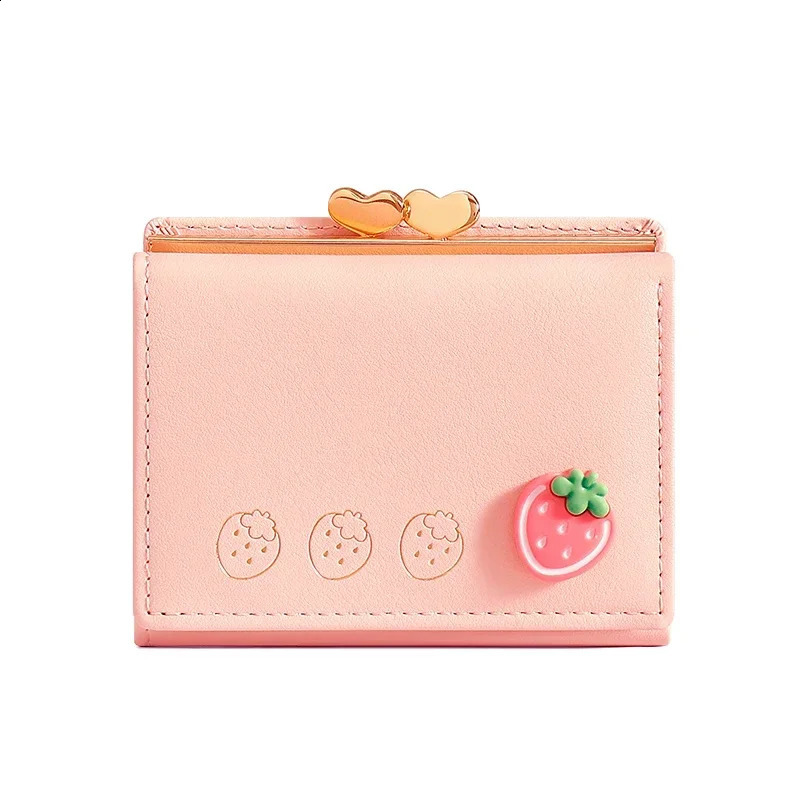 Cute small leather pocket wallet womens fruit printed double fold coin mini currency card clip clutch bag 240827