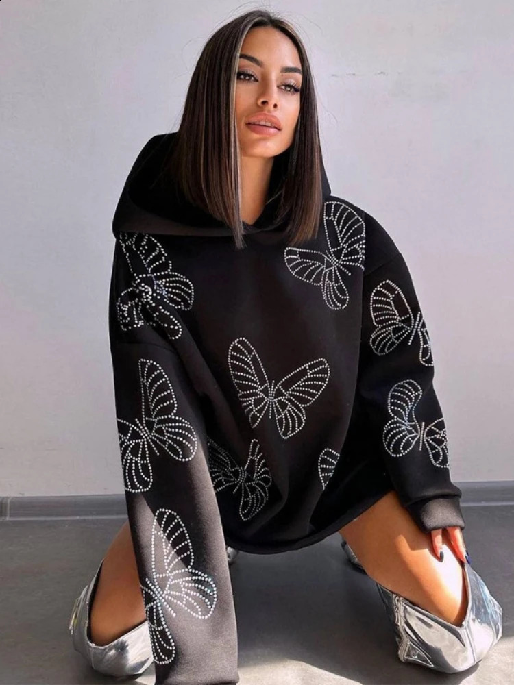 Butterfly Drilling Hoodies Casual Streetwear Women Long Sleeve Sweatshirt Loose Aesthetic Clothes Pullover Sudaderas Para Mujer 240827