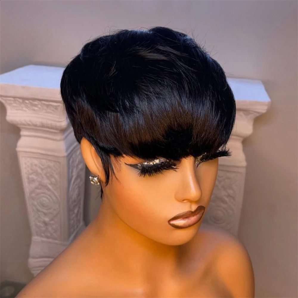Short Straight Bob Wig Pixie Cut Wig Human Hair For Black Women With Bangs Brazilian Virgin Hair Non Lace front Wig Black 240826