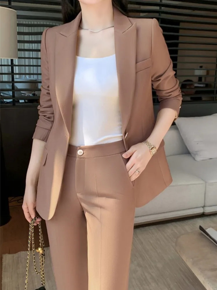 Fashion Women Vintage Formal Solid Pantsuit Elegant Chic Blazer Coat Straight Pants Outfits Female Interview Two Pieces Set 240826