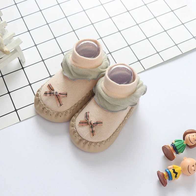 Bow PU leather edge childrens shoes with adhesive dots anti slip newborn baby socks cute boys and girls soft soles skin friendly floor socks M240827