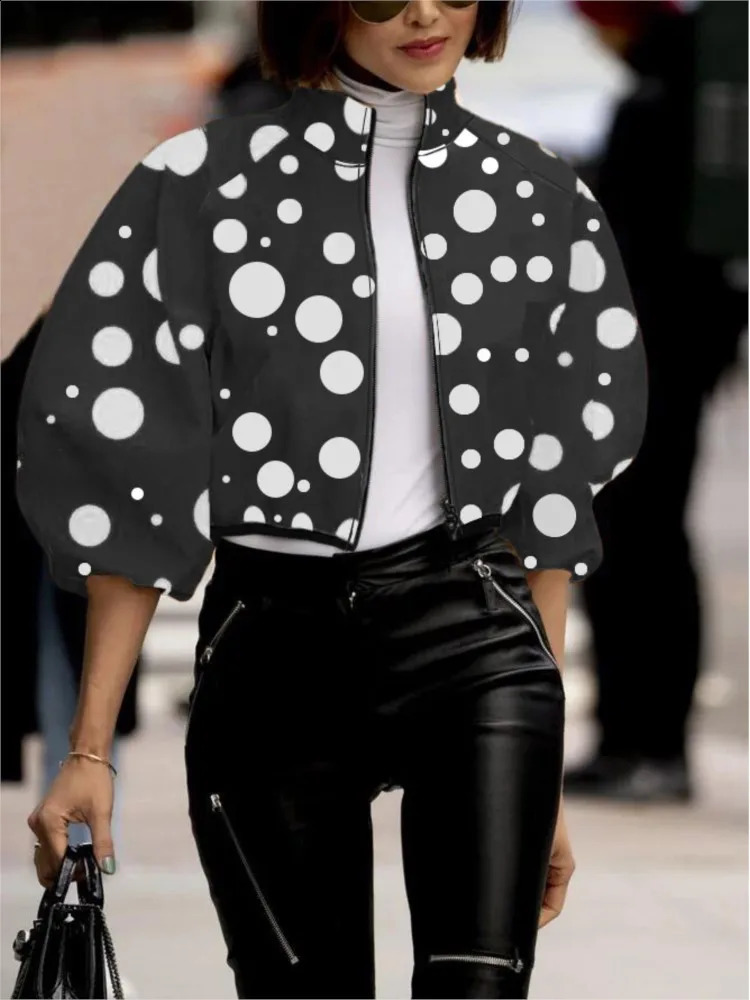 Womens Fashion Polka Dot Printed Cut Top Jacket Spring/Summer Autumn Jacket Zipper Jacket Street Womens Casual Jacket Top 240827