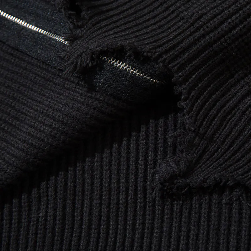 Hip hop sweater jacket pleated full zipper knit solid plain skydiving cardigan woolen Harajuku punk gothic top black 240826