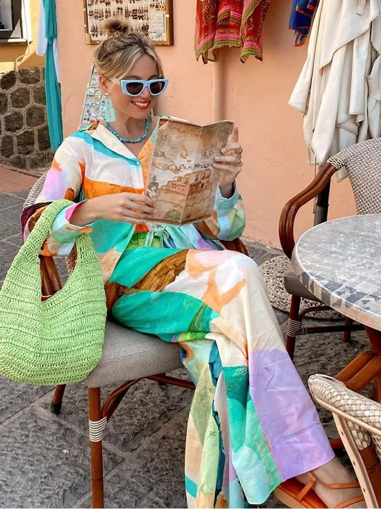 Fashion Printed Long Pant Sets for Women Casual Long Sleeve Pocket Shirt Loose Wide Leg Trousers Female 2 Pieces Set Streetwear 240826