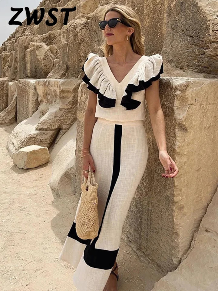 Knit Ruffle Patchwork Skirt Sets Women Elegant V-neck Sleeveless Top Midi Skirts Female Suit Summer Slim 2 Piece Set 240826