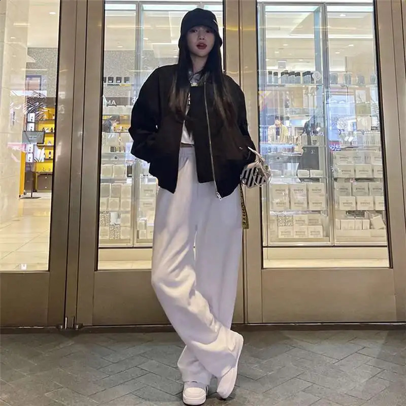 Deeptown Korean Fashion Bomber Jacket Women Oversize Streetwear Chic Elegant Female Zipper Baseball Jackets Winter Black Coat 240827