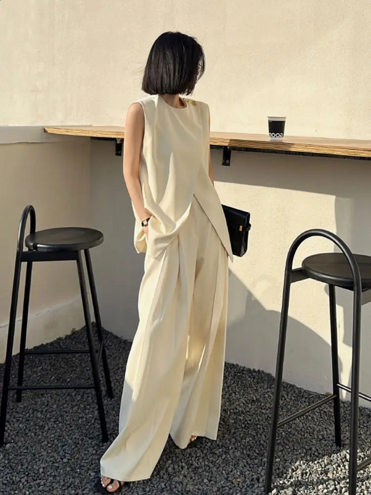 Vintage Elegant Blazer Vest Set Chic Sleeveless Solid Tank Top and Wide Leg Trousers Pantsuit Outfits Summer Korean Clothes 240826