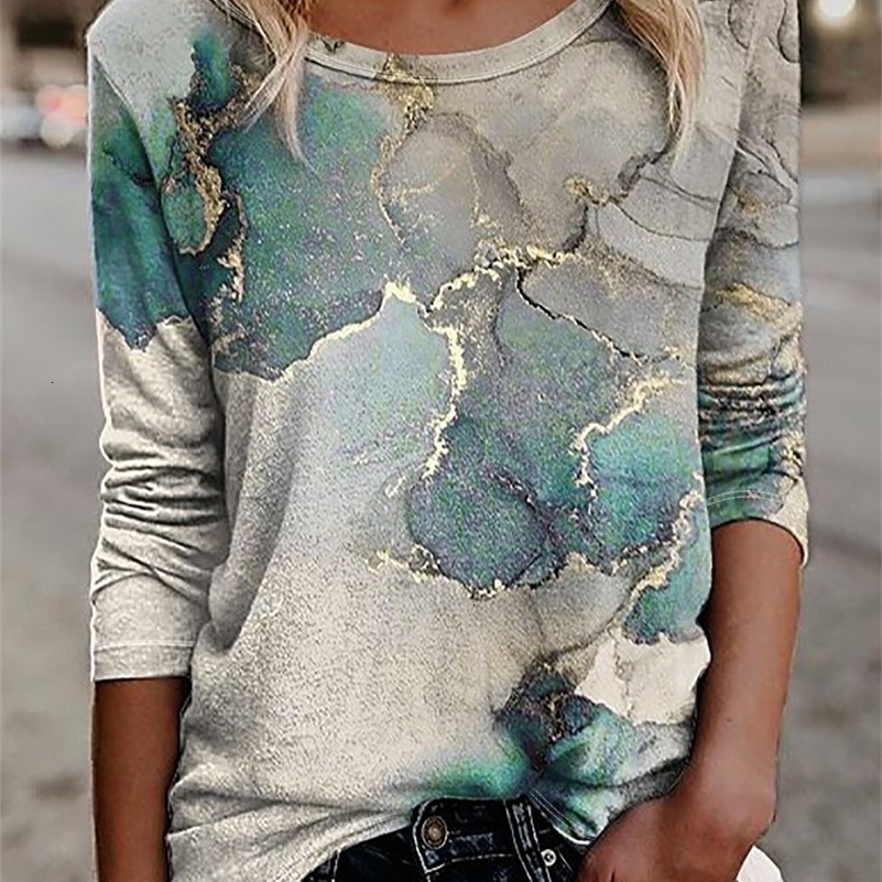 Womens fashionable printed casual long sleeved T-shirt round neck womens floral top basic spring and summer T-shirt 240826
