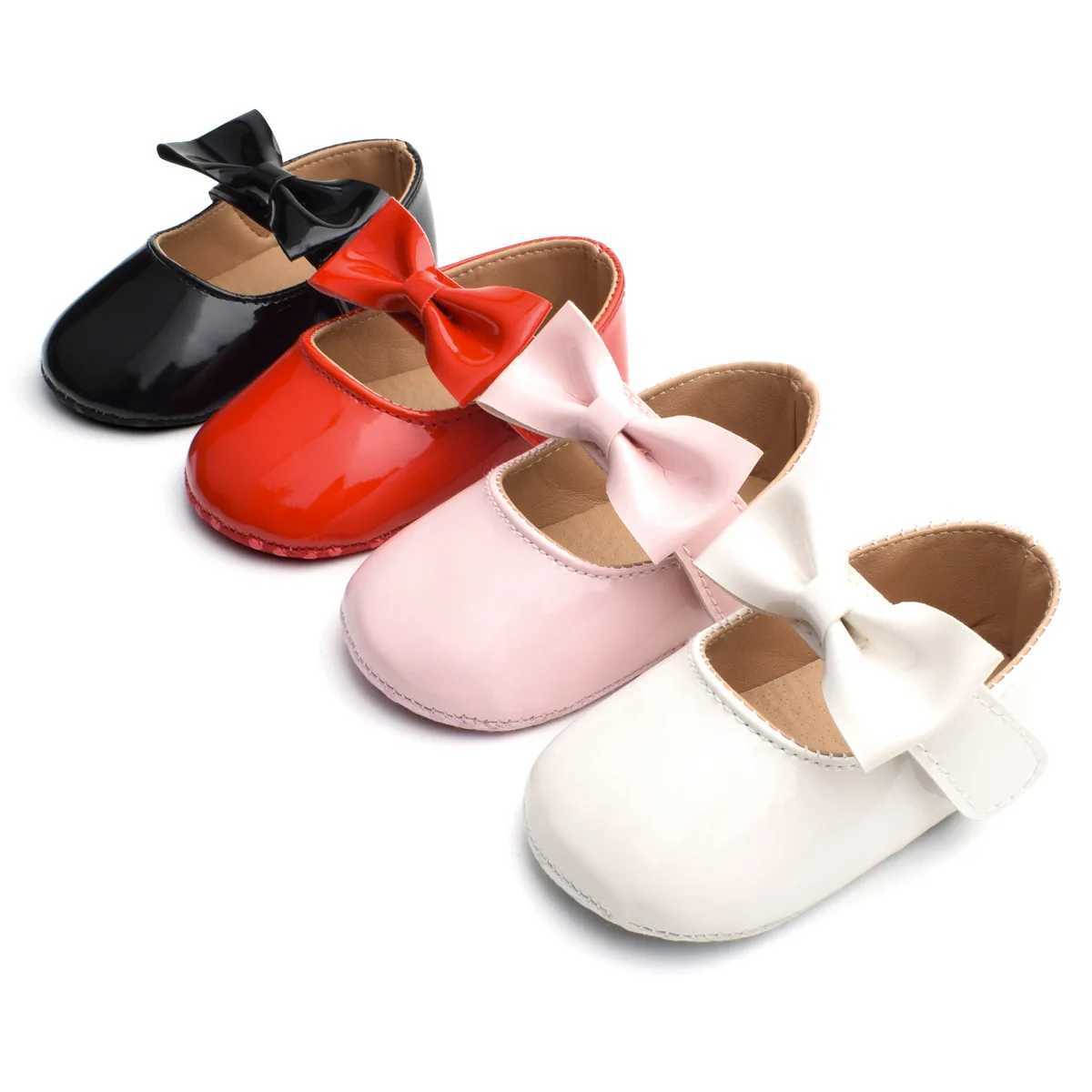 Newly born baby shoes patented leather buckle first mover bow red black white soft sole non slip baby shoes M240827